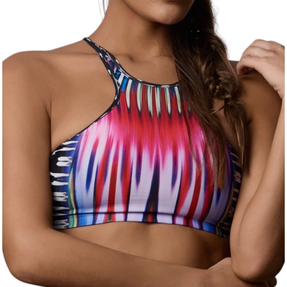 NWT Pilyq Halter Top BIKINI SWIM BRALETTE YOGA Tribal Fire Cage Back SIZE D